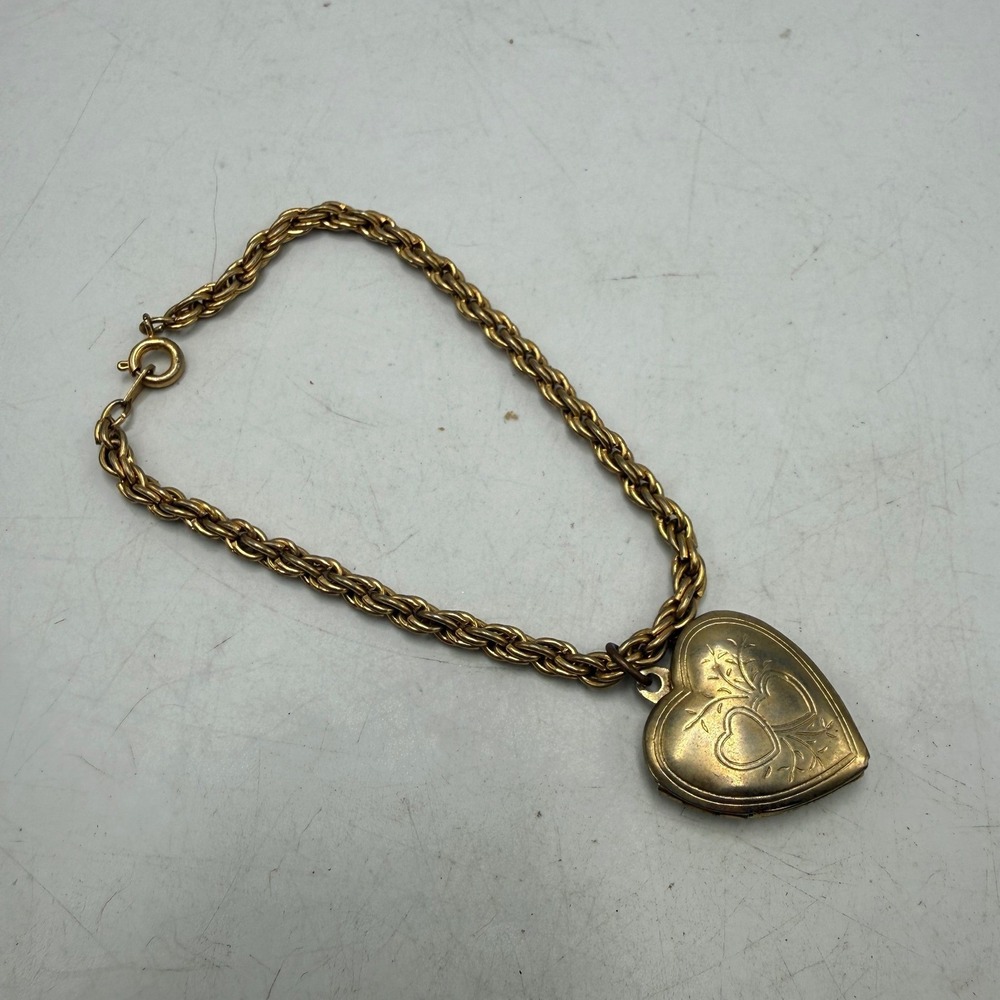 Vintage Gold Tone Etched Heart Locket Rope Chain Bracelet 7.5 Inch